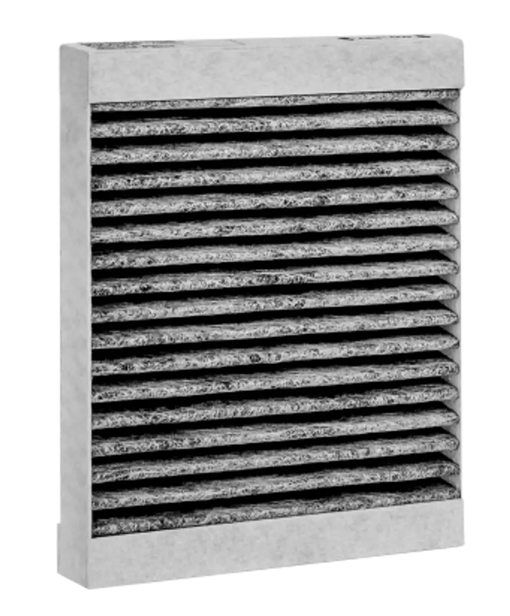 Aktivkohlefilter mit mehreren gefalteten Schichten, passend für Geräte von Wolf, zeigt eine graue, strukturierte Oberfläche.